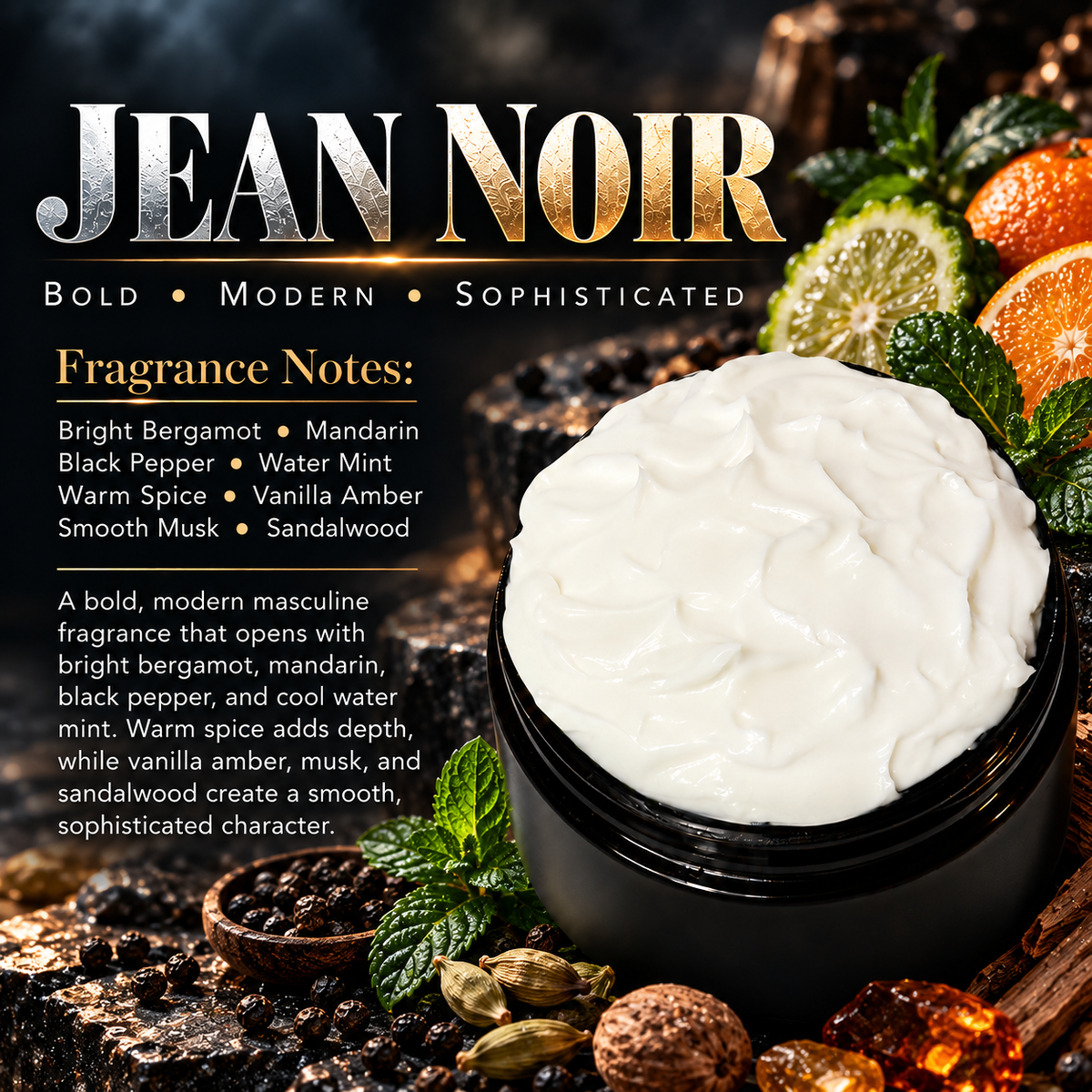 Jean Noir men’s body lotion scent profile image by Phat Bath & Body featuring an open lotion jar with bergamot, mandarin, black pepper, mint, warm spice, amber and sandalwood accents, with fragrance notes of bright bergamot, mandarin, black pepper, water mint, warm spice, vanilla amber, smooth musk and sandalwood.