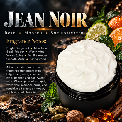 Jean Noir men’s body lotion scent profile image by Phat Bath & Body featuring an open lotion jar with bergamot, mandarin, black pepper, mint, warm spice, amber and sandalwood accents, with fragrance notes of bright bergamot, mandarin, black pepper, water mint, warm spice, vanilla amber, smooth musk and sandalwood.