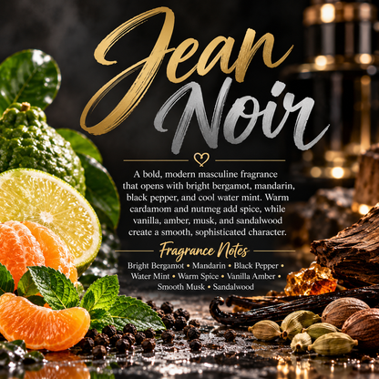 Jean Noir men’s scent profile featuring bright bergamot, mandarin, black pepper, water mint, warm spice, vanilla amber, smooth musk and sandalwood.