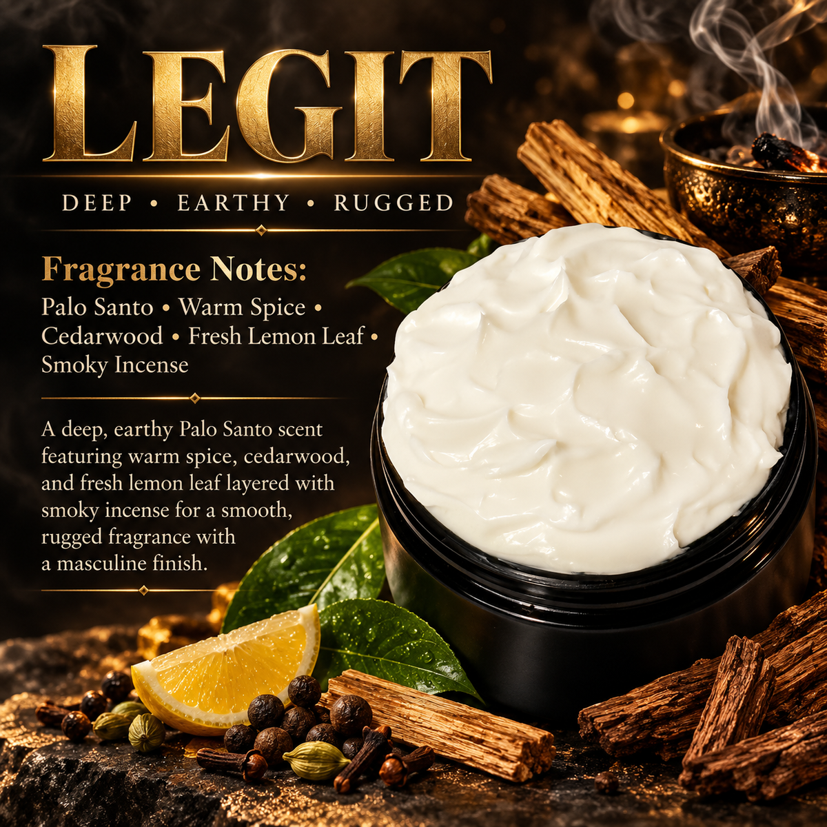 Legit men’s body lotion scent profile image by Phat Bath & Body featuring an open lotion jar with Palo Santo, cedarwood, lemon leaf, warm spice and smoky incense accents, with fragrance notes of Palo Santo, warm spice, cedarwood, fresh lemon leaf and smoky incense.