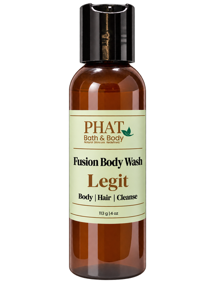 Phat Bath & Body Legit men’s Fusion Body Wash in a 4 oz amber bottle with sage-green label.