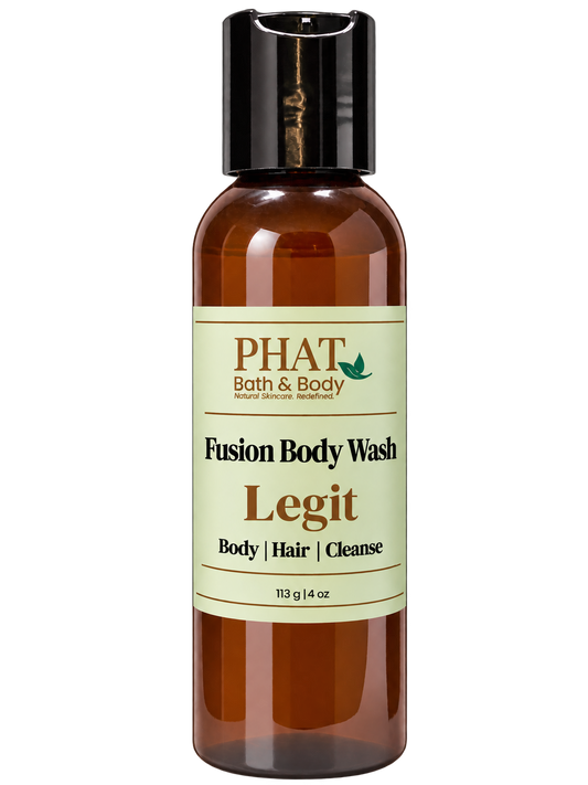 Phat Bath & Body Legit men’s Fusion Body Wash in a 4 oz amber bottle with sage-green label.