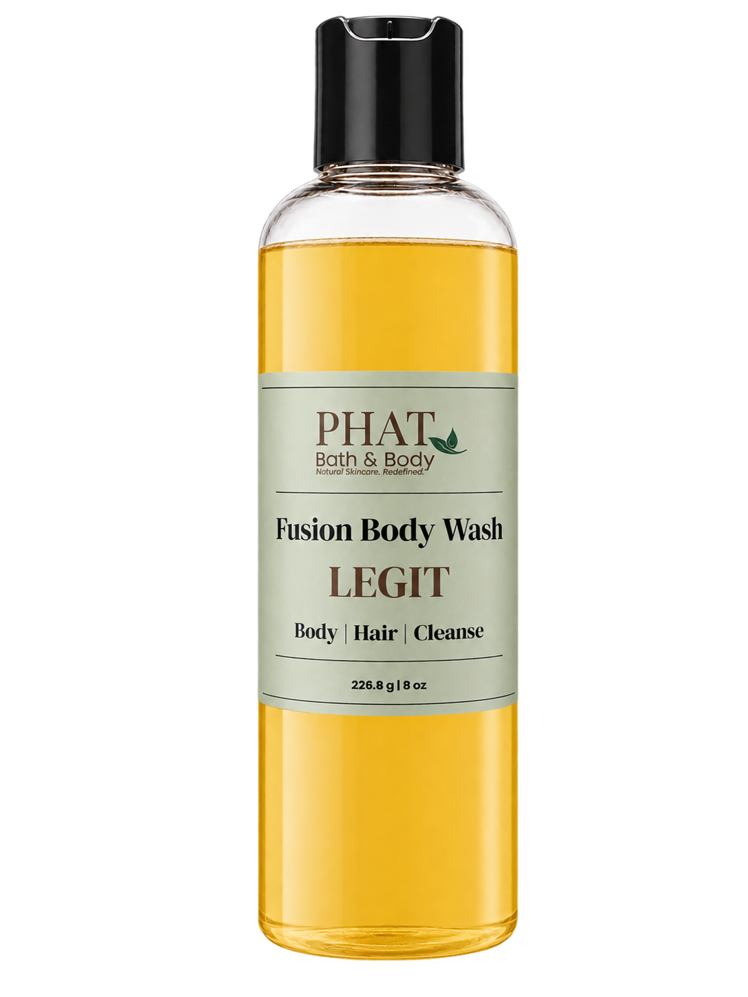 Phat Bath & Body Legit men’s Fusion Body Wash in a clear 8.5 oz bottle with golden body wash and sage-green label.