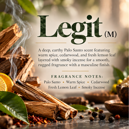 Legit men’s scent profile featuring Palo Santo, warm spice, cedarwood, fresh lemon leaf and smoky incense for a rugged masculine fragrance.
