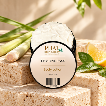 Phat Bath & Body Lemongrass Body Lotion styled with fresh lemongrass, bright citrus, green herbs, and clean natural accents.