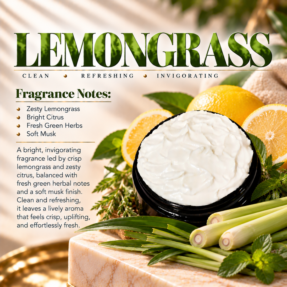 Lemongrass body lotion scent profile image by Phat Bath & Body featuring the original open black lotion jar with lemongrass, bright citrus and fresh green herb accents, with fragrance notes of zesty lemongrass, bright citrus, fresh green herbs and soft musk.