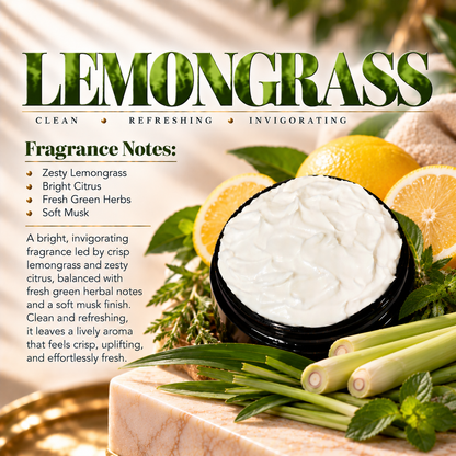 Lemongrass body lotion scent profile image by Phat Bath & Body featuring the original open black lotion jar with lemongrass, bright citrus and fresh green herb accents, with fragrance notes of zesty lemongrass, bright citrus, fresh green herbs and soft musk.