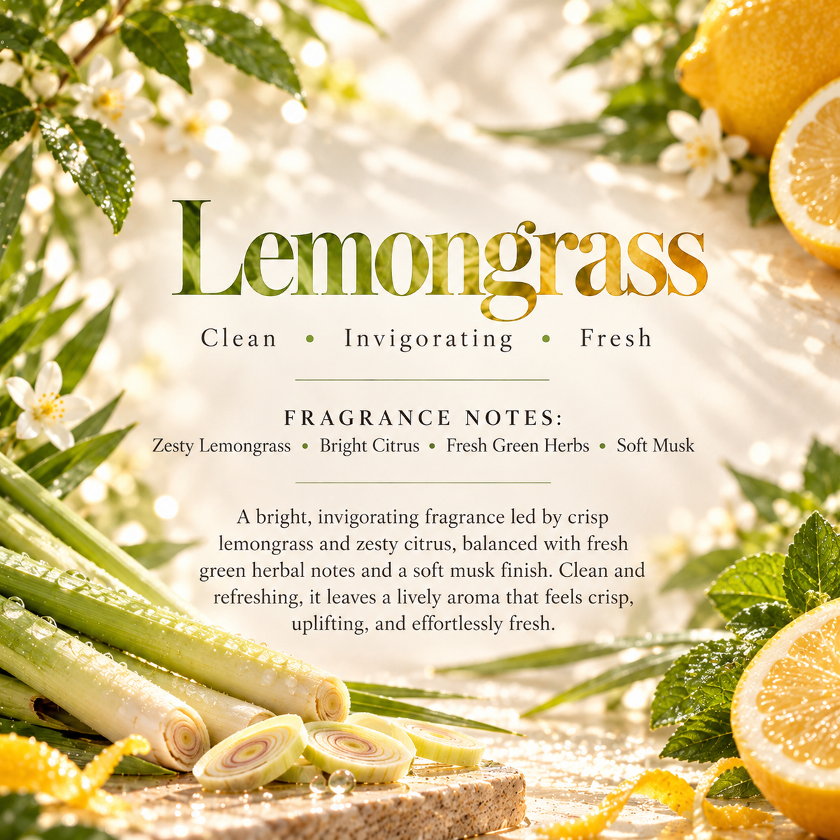 Lemongrass scent profile featuring zesty lemongrass, bright citrus, fresh green herbs and soft musk for a crisp uplifting fragrance