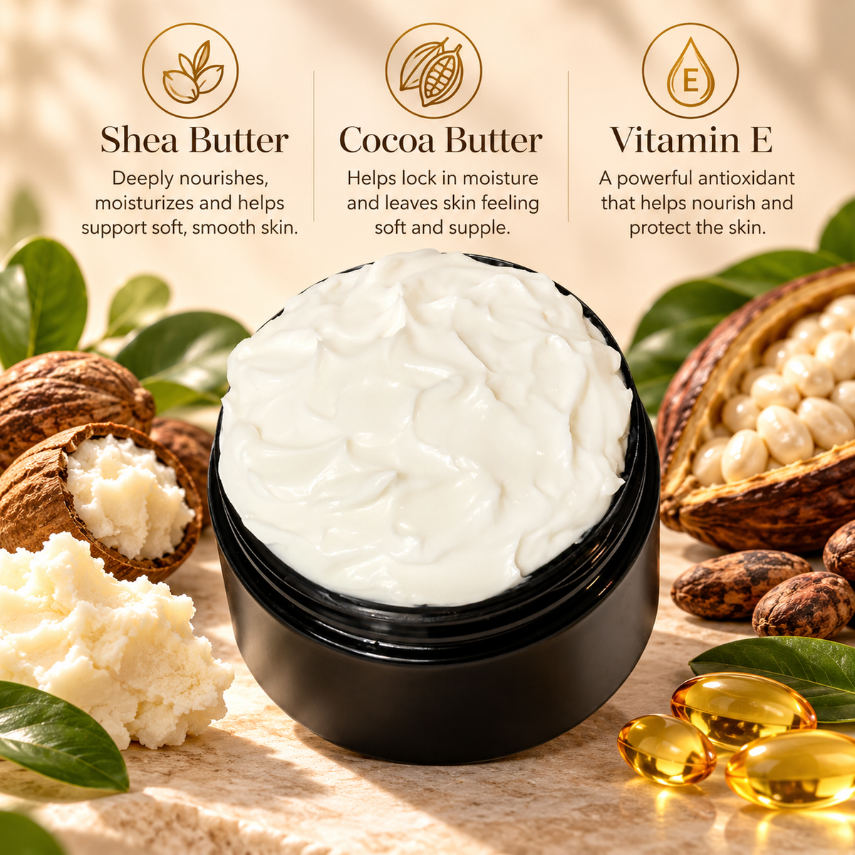 Phat Bath & Body lotion in an open black jar with creamy white moisturizer, highlighting shea butter, cocoa butter and vitamin E for nourishing, soft, moisturized skin.