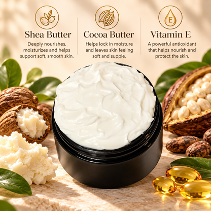 Phat Bath & Body lotion in an open black jar with creamy white moisturizer, highlighting shea butter, cocoa butter and vitamin E for nourishing, soft, moisturized skin.