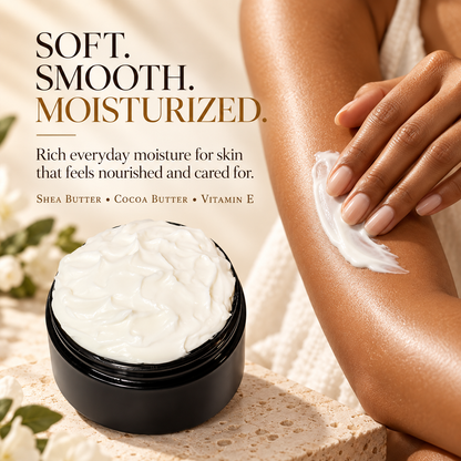 Woman applying Phat Bath & Body body lotion to moisturized skin beside an open lotion jar, highlighting shea butter, cocoa butter and vitamin E for soft, smooth, nourished skin.