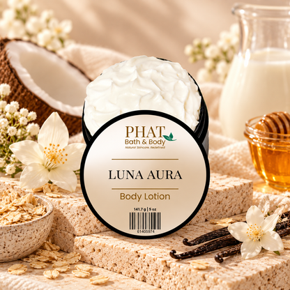 Phat Bath & Body Luna Aura Body Lotion styled with creamy coconut milk, warm vanilla, oatmeal, milk, honey, and soft floral accents.