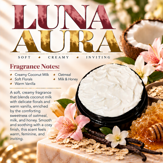 Luna Aura body lotion scent profile image by Phat Bath & Body featuring the original open black lotion jar with coconut milk, soft florals, vanilla, oatmeal and honey accents, with fragrance notes of creamy coconut milk, soft florals, warm vanilla, oatmeal and milk and honey.