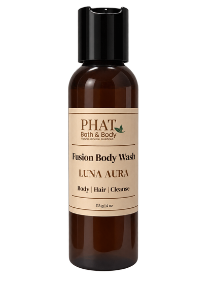 Phat Bath & Body Luna Aura Fusion Body Wash in a 4 oz amber bottle with cream label.