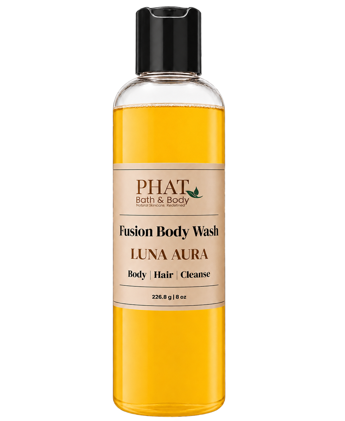 Phat Bath & Body Luna Aura Fusion Body Wash in a clear 8.5 oz bottle with golden body wash and cream label.