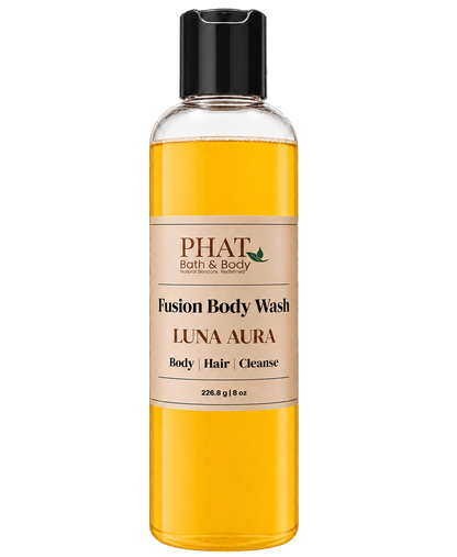 Phat Bath & Body Luna Aura Fusion Body Wash in a clear 8.5 oz bottle with golden body wash and cream label.