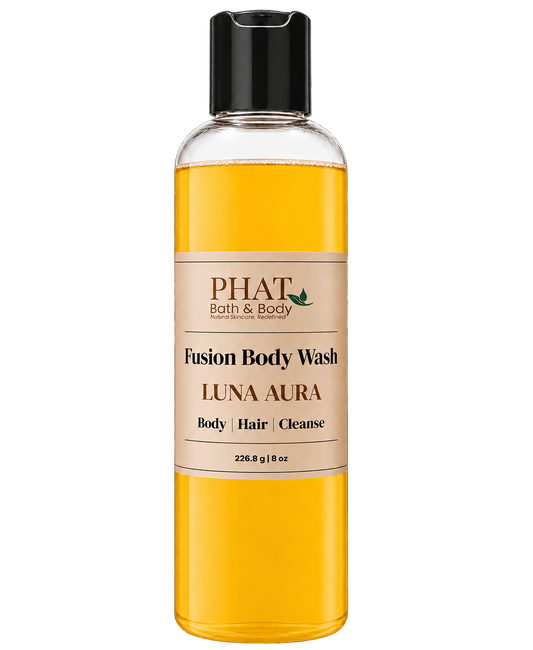 Phat Bath & Body Luna Aura Fusion Body Wash in a clear 8.5 oz bottle with golden body wash and cream label.