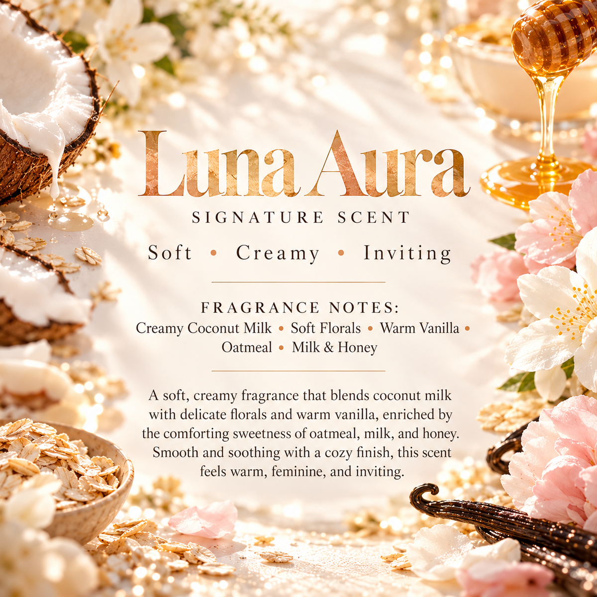 Luna Aura Signature Scent profile featuring creamy coconut milk, soft florals, warm vanilla, oatmeal, milk and honey.
