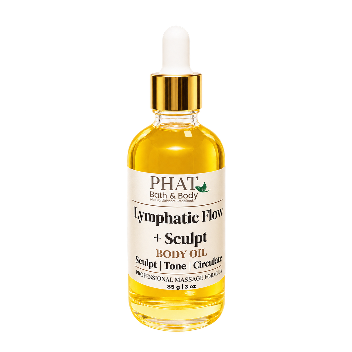 Phat Bath & Body Lymphatic Flow + Sculpt Body Oil, a 3 oz botanical massage oil in a clear glass dropper bottle with golden oil, a cream label, and a gold cap.