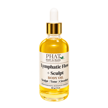 Phat Bath & Body Lymphatic Flow + Sculpt Body Oil, a 3 oz botanical massage oil in a clear glass dropper bottle with golden oil, a cream label, and a gold cap.