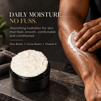 Man applying Phat Bath & Body body lotion to his forearm beside an open lotion jar, featuring shea butter, cocoa butter and vitamin E for smooth, comfortable, moisturized skin.