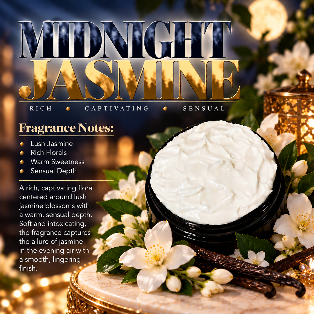 Midnight Jasmine body lotion scent profile image by Phat Bath & Body featuring the original open black lotion jar with lush jasmine blossoms, rich florals and warm evening-inspired accents, with fragrance notes of lush jasmine, rich florals, warm sweetness and sensual depth.