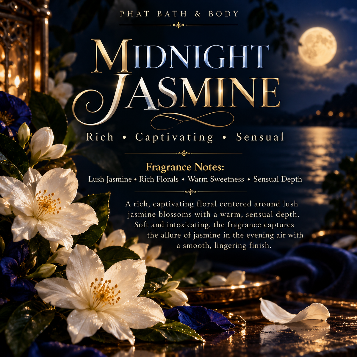 Midnight Jasmine scent profile featuring lush jasmine, rich florals, warm sweetness and sensual depth for a captivating evening floral fragrance.