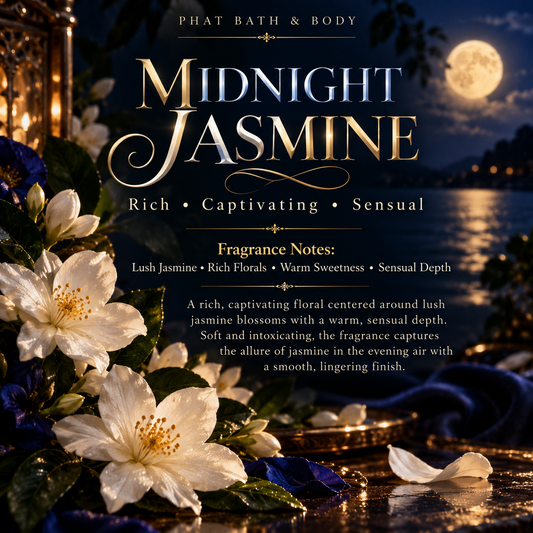 Midnight Jasmine scent profile featuring lush jasmine, rich florals, warm sweetness and sensual depth for a captivating evening floral fragrance.