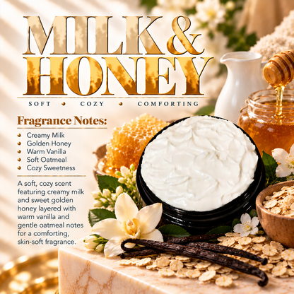 Milk & Honey body lotion scent profile image by Phat Bath & Body featuring the original open black lotion jar with creamy milk, golden honey, vanilla and oatmeal accents, with fragrance notes of creamy milk, golden honey, warm vanilla, soft oatmeal and cozy sweetness.