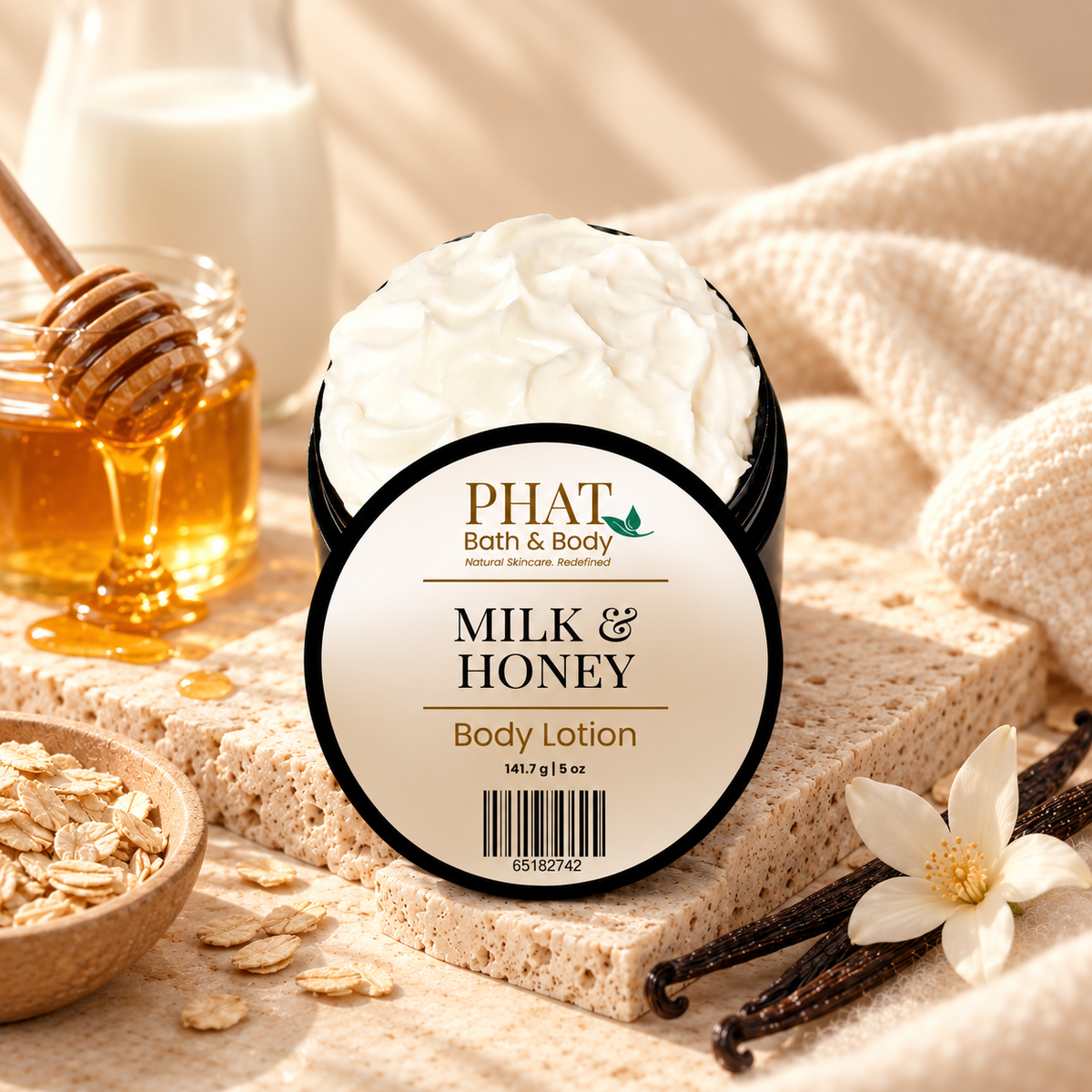 Phat Bath & Body Milk & Honey Body Lotion styled with golden honey, creamy milk, warm vanilla, oatmeal, and soft neutral textures.