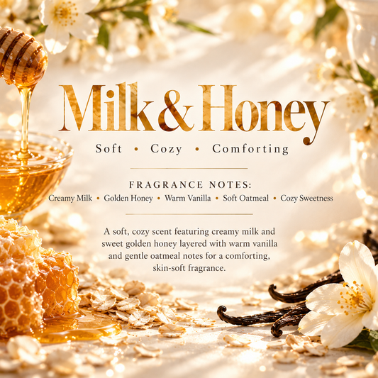 Milk & Honey scent profile featuring creamy milk, golden honey, warm vanilla, soft oatmeal and cozy sweetness.