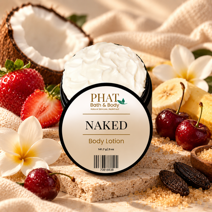 Phat Bath & Body Naked Body Lotion styled with ripe strawberries, coconut, cherries, banana, tropical florals, and sweet gourmand accents.