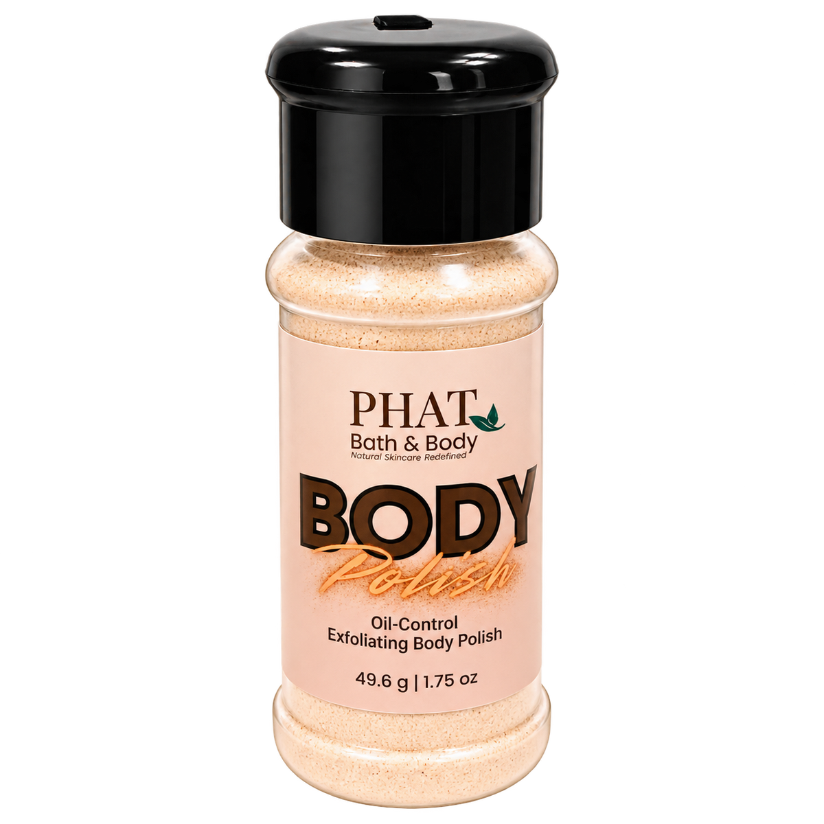 Phat Bath & Body Oil-Control Exfoliating Body Polish in a 1.75 oz clear shaker bottle with a black cap and fine peach-colored powder. A water-activated exfoliating powder for facial and body skincare.
