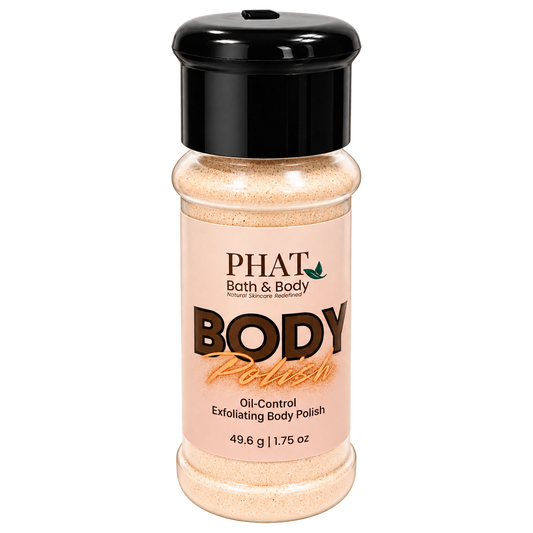 Phat Bath & Body Oil-Control Exfoliating Body Polish in a 1.75 oz clear shaker bottle with a black cap and fine peach-colored powder. A water-activated exfoliating powder for facial and body skincare.