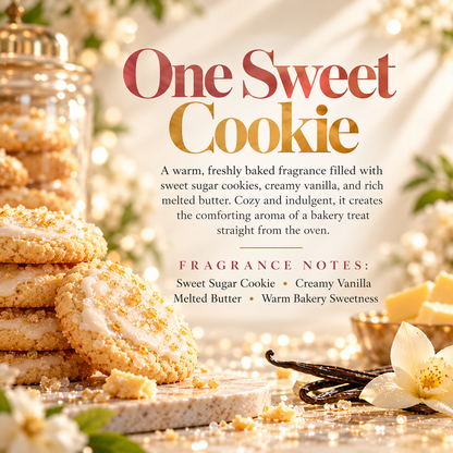 One Sweet Cookie scent profile featuring sweet sugar cookie, creamy vanilla, melted butter and warm bakery sweetness.