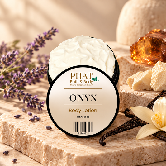 Phat Bath & Body Onyx Body Lotion styled with soft lavender, warm amber, creamy vanilla, and cocoa butter-inspired accents.