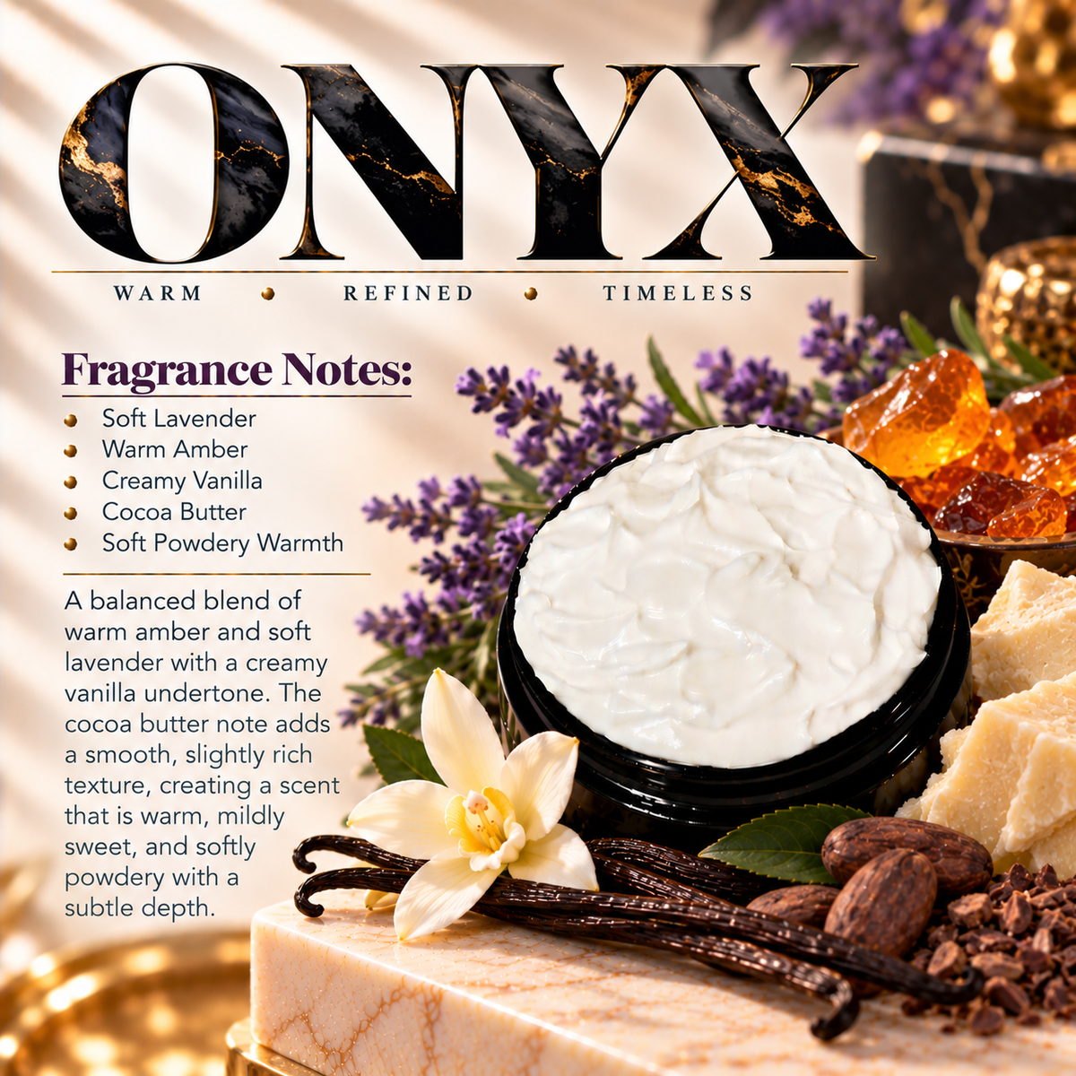 Onyx body lotion scent profile image by Phat Bath & Body featuring the original open black lotion jar with lavender, amber, vanilla and cocoa butter accents, with fragrance notes of soft lavender, warm amber, creamy vanilla, cocoa butter and soft powdery warmth.