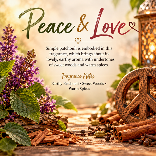 Peace & Love scent profile featuring earthy patchouli, sweet woods and warm spices for a grounded, warm fragrance.