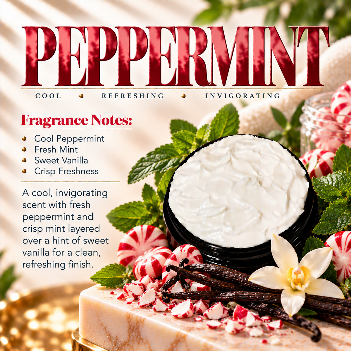 Peppermint body lotion scent profile image by Phat Bath & Body featuring the original open black lotion jar with peppermint, fresh mint and vanilla accents, with fragrance notes of cool peppermint, fresh mint, sweet vanilla and crisp freshness.
