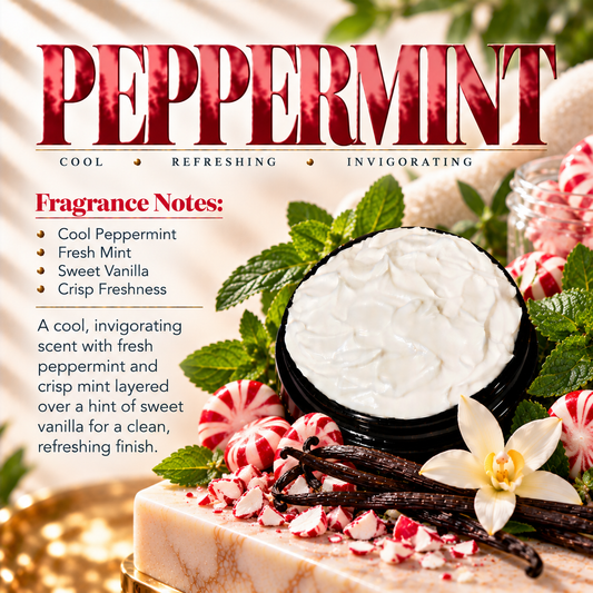 Peppermint body lotion scent profile image by Phat Bath & Body featuring the original open black lotion jar with peppermint, fresh mint and vanilla accents, with fragrance notes of cool peppermint, fresh mint, sweet vanilla and crisp freshness.