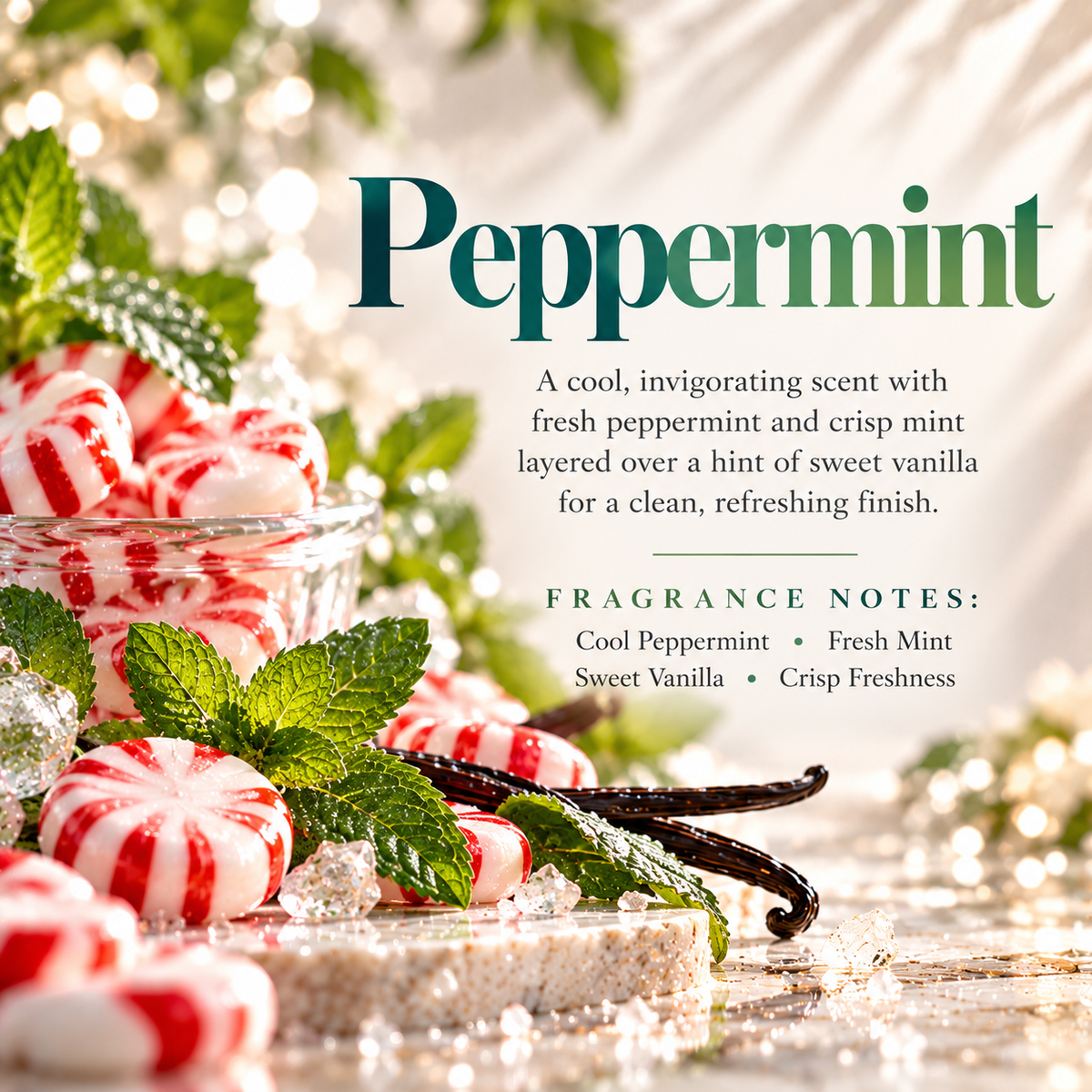 Peppermint scent profile featuring cool peppermint, fresh mint, sweet vanilla and crisp freshness for a clean invigorating fragrance.