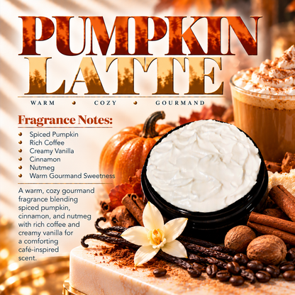 Pumpkin Latte body lotion scent profile image by Phat Bath & Body featuring the original open black lotion jar with pumpkin, coffee, vanilla, cinnamon and nutmeg accents, with fragrance notes of spiced pumpkin, rich coffee, creamy vanilla, cinnamon, nutmeg and warm gourmand sweetness.