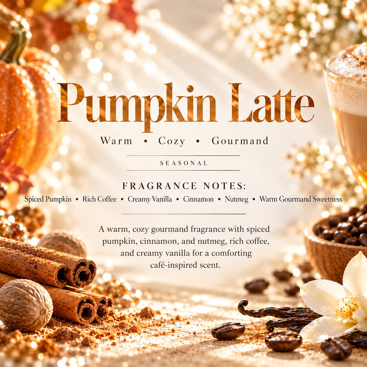 Pumpkin Latte seasonal scent profile featuring spiced pumpkin, rich coffee, creamy vanilla, cinnamon, nutmeg and warm gourmand sweetness.