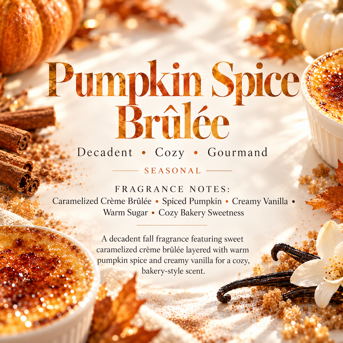 Pumpkin Spice Brûlée seasonal room spray and candle scent profile featuring caramelized crème brûlée, spiced pumpkin, creamy vanilla, warm sugar and cozy bakery sweetness.