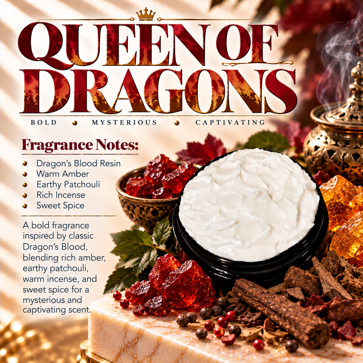 Queen of Dragons body lotion scent profile image by Phat Bath & Body featuring the original open black lotion jar with dragon’s blood resin, amber, patchouli, incense and sweet spice accents, with fragrance notes of Dragon’s Blood resin, warm amber, earthy patchouli, rich incense and sweet spice.