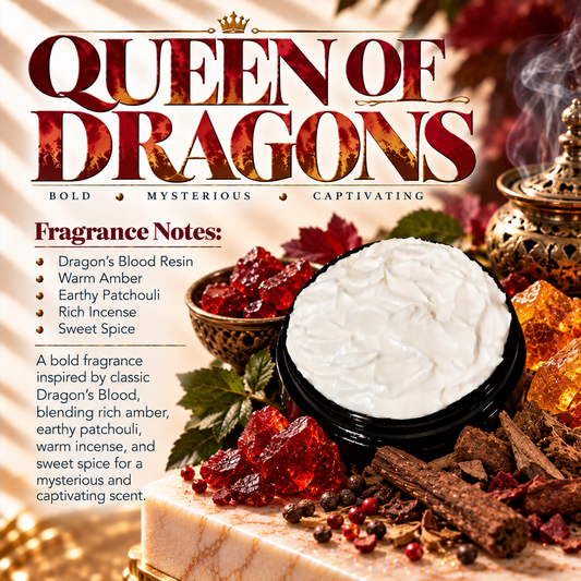 Queen of Dragons body lotion scent profile image by Phat Bath & Body featuring the original open black lotion jar with dragon’s blood resin, amber, patchouli, incense and sweet spice accents, with fragrance notes of Dragon’s Blood resin, warm amber, earthy patchouli, rich incense and sweet spice.
