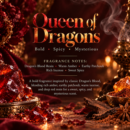Queen of Dragons scent profile featuring Dragon’s Blood resin, warm amber, earthy patchouli, rich incense and sweet spice for a bold, mysterious fragrance.