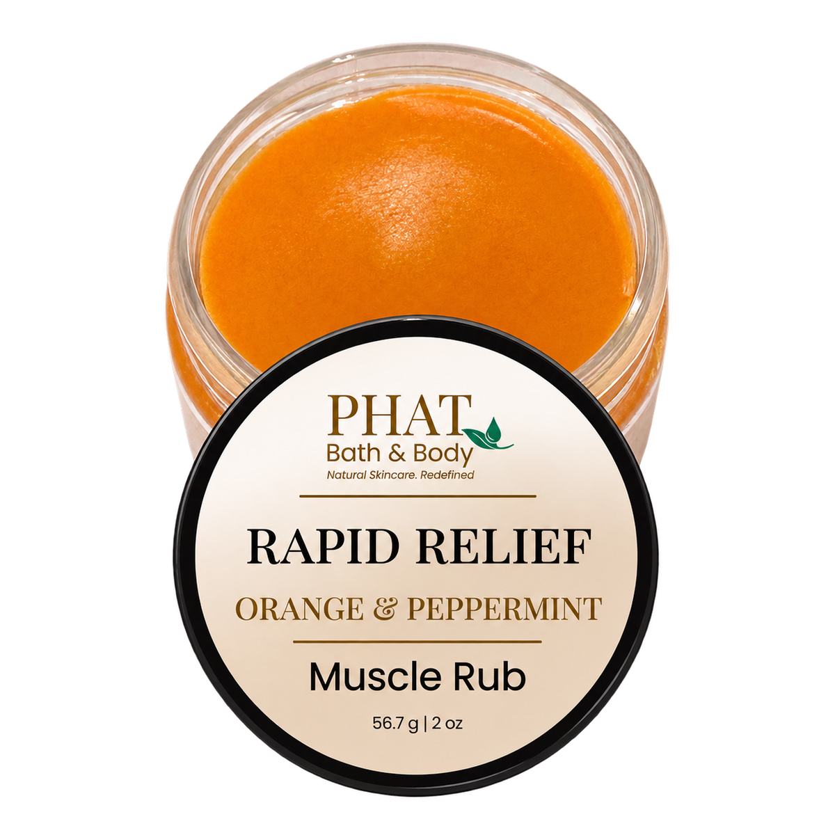 Phat Bath & Body Rapid Relief Muscle Rub in Orange & Peppermint, featuring an open 2 oz jar of smooth orange botanical massage balm with its branded lid. Formulated with coconut oil, beeswax, and warming botanicals for massaging tired areas.