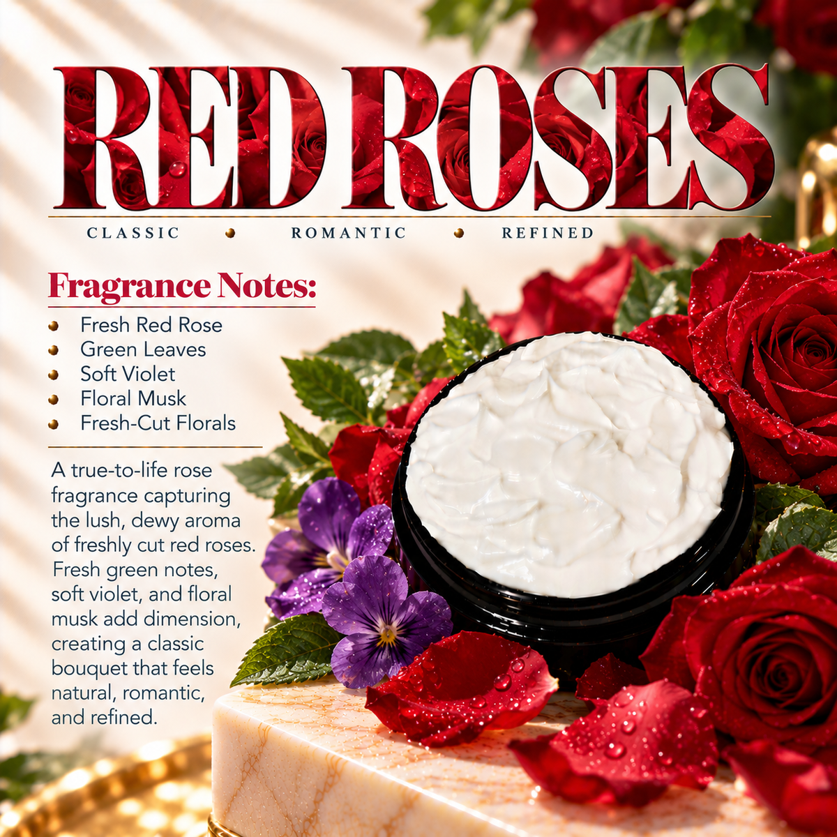 Red Roses body lotion scent profile image by Phat Bath & Body featuring the original open black lotion jar with red roses, green leaves and violet floral accents, with fragrance notes of fresh red rose, green leaves, soft violet, floral musk and fresh-cut florals.