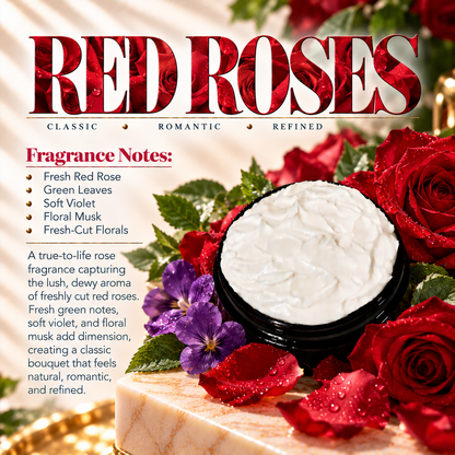 Red Roses body lotion scent profile image by Phat Bath & Body featuring the original open black lotion jar with red roses, green leaves and violet floral accents, with fragrance notes of fresh red rose, green leaves, soft violet, floral musk and fresh-cut florals.